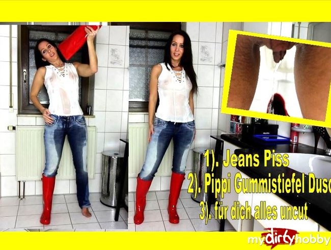 XXL Jeans-Piss mit T-Shirt Gummistiefel Pippi Dusche